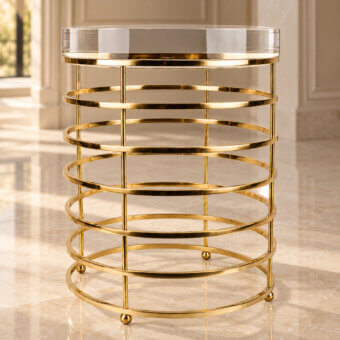 Sophisticated Selezioni Domus side table featuring clear plexiglass and gold-tone metal structure