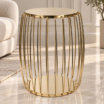 Luxury Selezioni Domus Nest side table with sculptural cage frame crafted from slender metal rods in polished gold finish