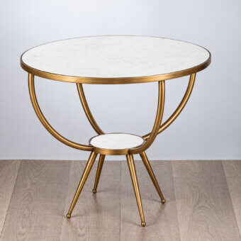 Elegant Selezioni Domus side table featuring light stone top with grey veining inside satin brass metal frame