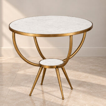Luxury Selezioni Domus Contemporary Retro side table in white grey mottled stone with warm gold tone tubular metal frame