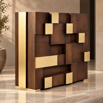 Luxury Selezioni Domus Step console in staggered wenge wood panels with architectural polished brass accent components