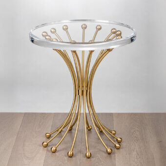 Luxury Selezioni Domus Piovra side table with transparent circular glass top and sculptural satin gold metal rod base