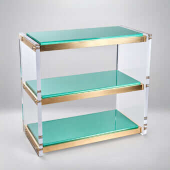 Sophisticated Selezioni Domus side console featuring aquamarine glass shelves, transparent supports, and satin-finished brass framing
