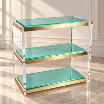 Luxury Selezioni Domus console with aquamarine tinted glass shelves, transparent vertical supports and brass glossy finish
