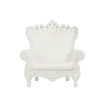Luxury Slide Little Queen of Love lounge chair in durable polyethylene with an ornate baroque silhouette matte white finish