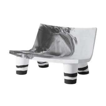 Luxury Slide Low Lita Love sofa in white polyethylene with matte finish black ink wash pattern and horizontal leg banding